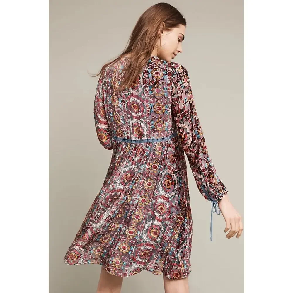 Anthropologie Floreat Abia Burnout Velvet Silk Baby Doll Mini Dress Size Small - Picture 2 of 11